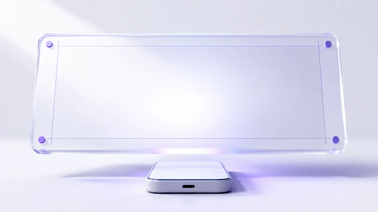 Eine breite leuchtende Banner-Karte schwebt über einem Telefon, die Mitte frei zwischen sanften Indigo-Hilfslinien