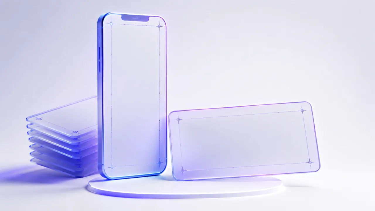 Eine Telefon-Silhouette neben einer breiten Banner-Karte mit indigofarbenen Hilfslinien auf heller Fläche