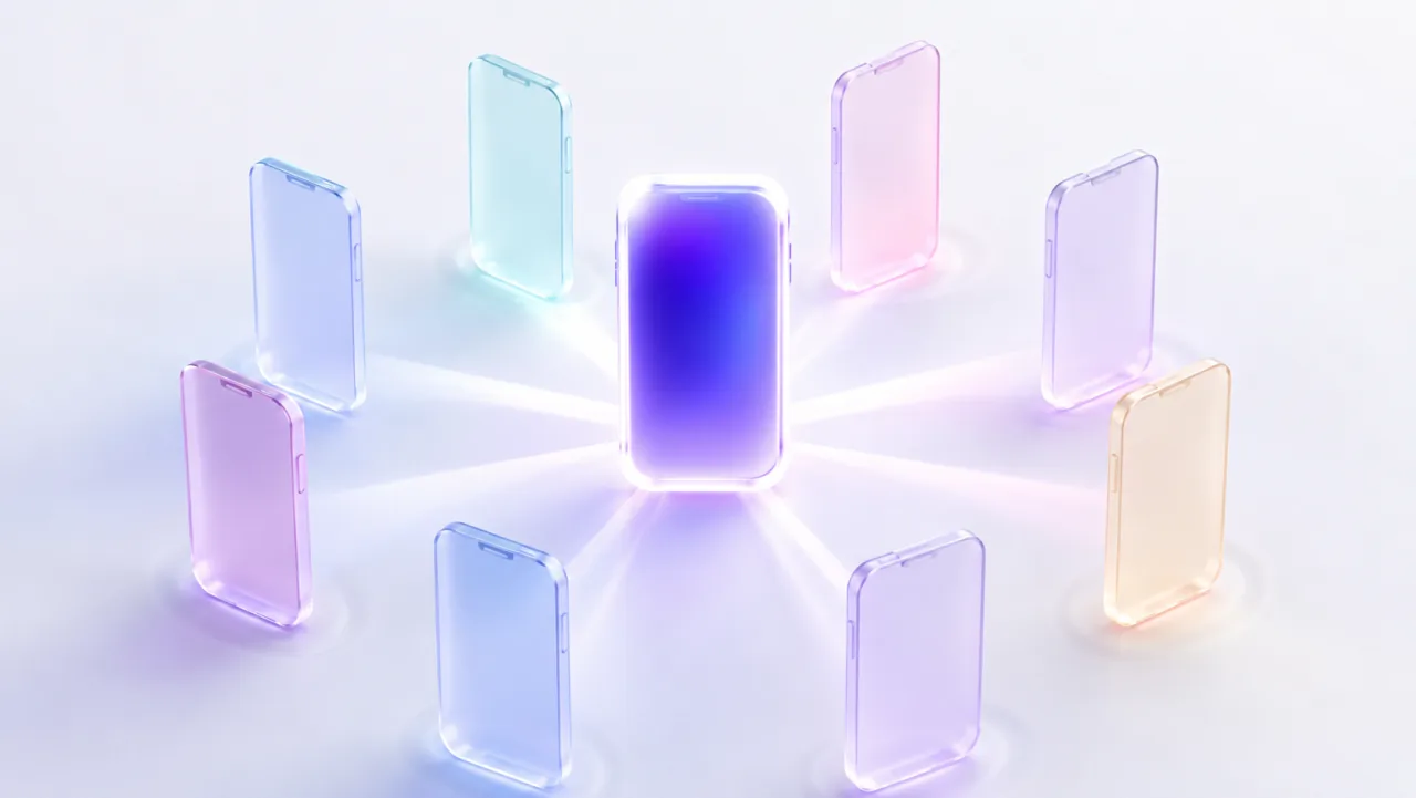 Ein Telefon-Design strahlt in mehrere übersetzte Varianten als helle Glaskarten aus